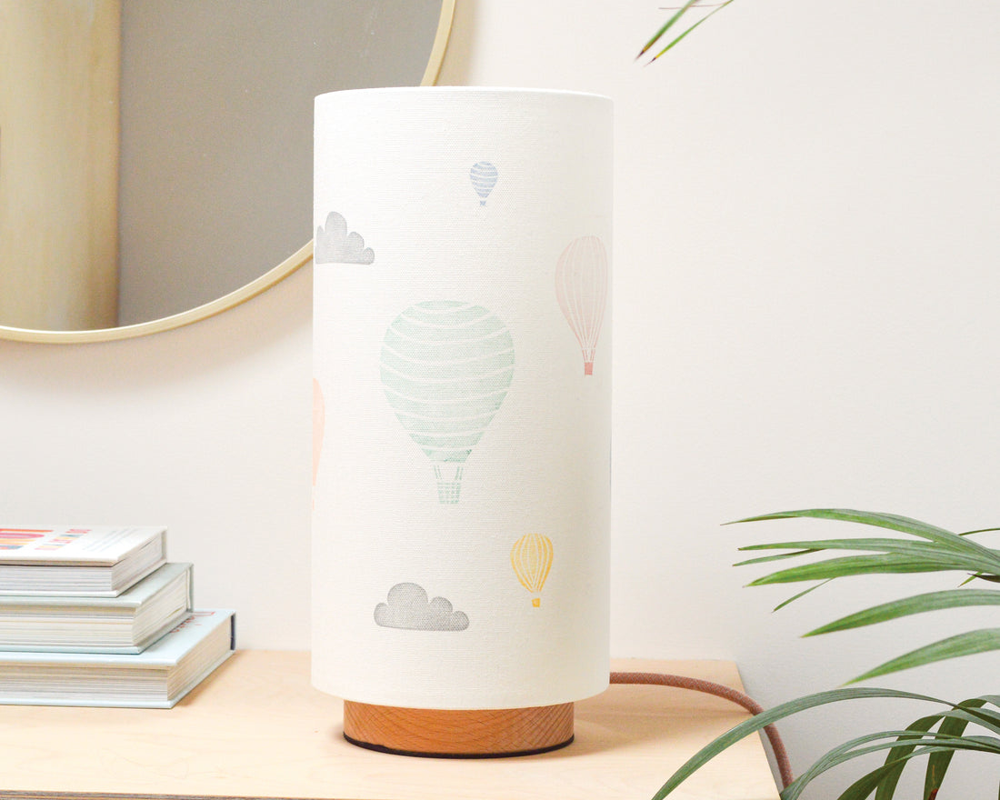 Hot air balloon nursery table lamp, with wooden base