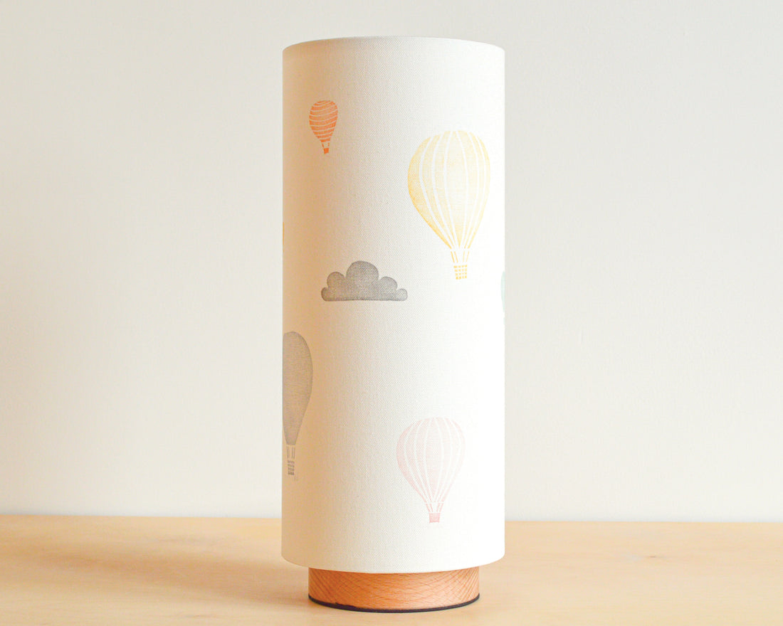 Hot air balloon nursery table lamp, with wooden base
