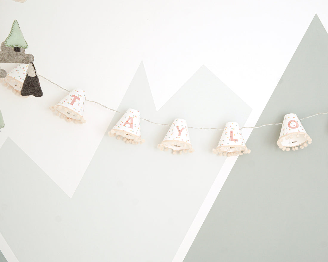 Personalised pom pom fairy lights in pink