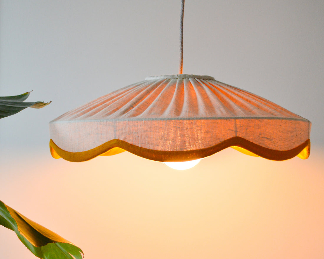 mustard and natural linen scallop hanging lampshade