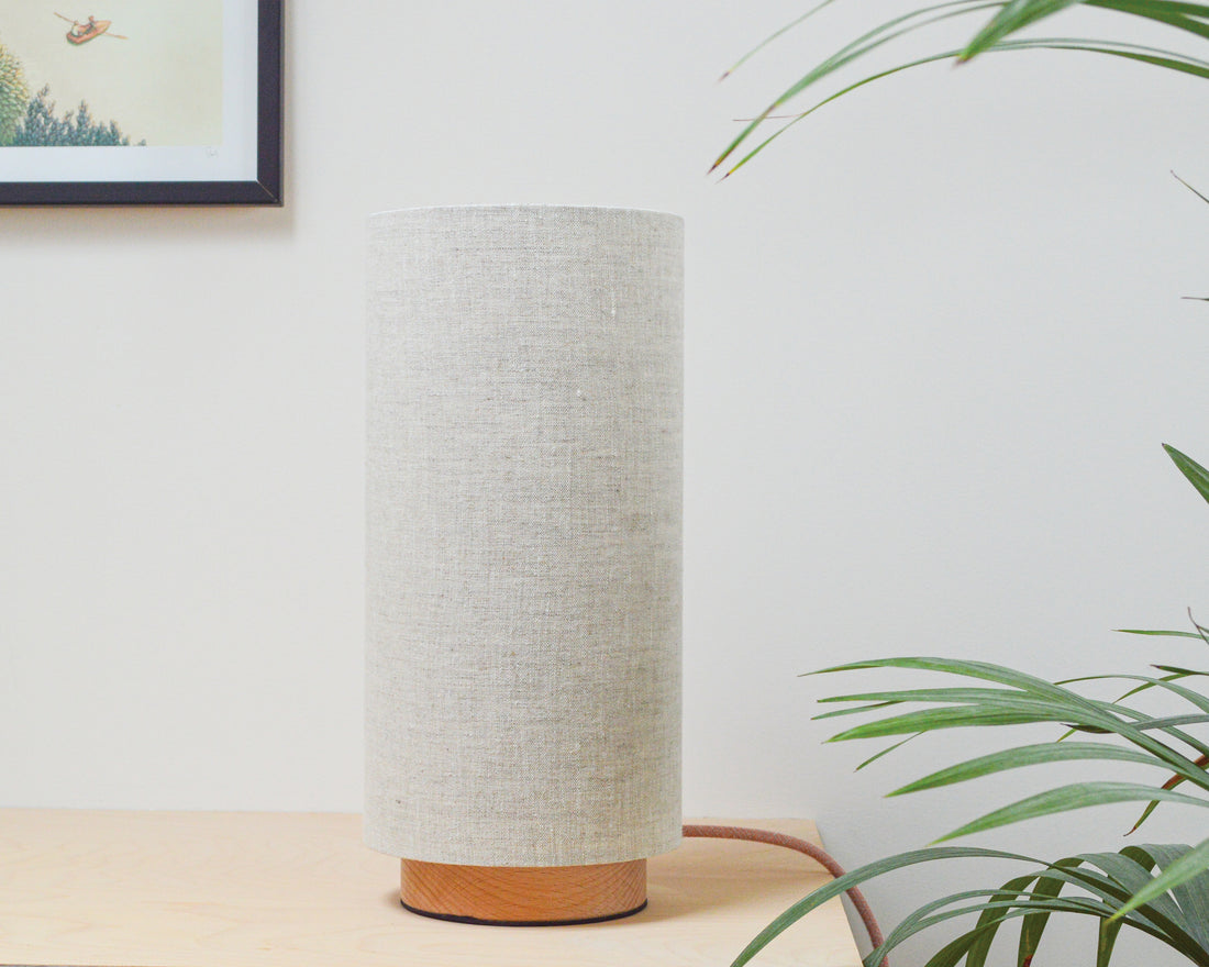 Natural linen slim table lamp, with wooden base
