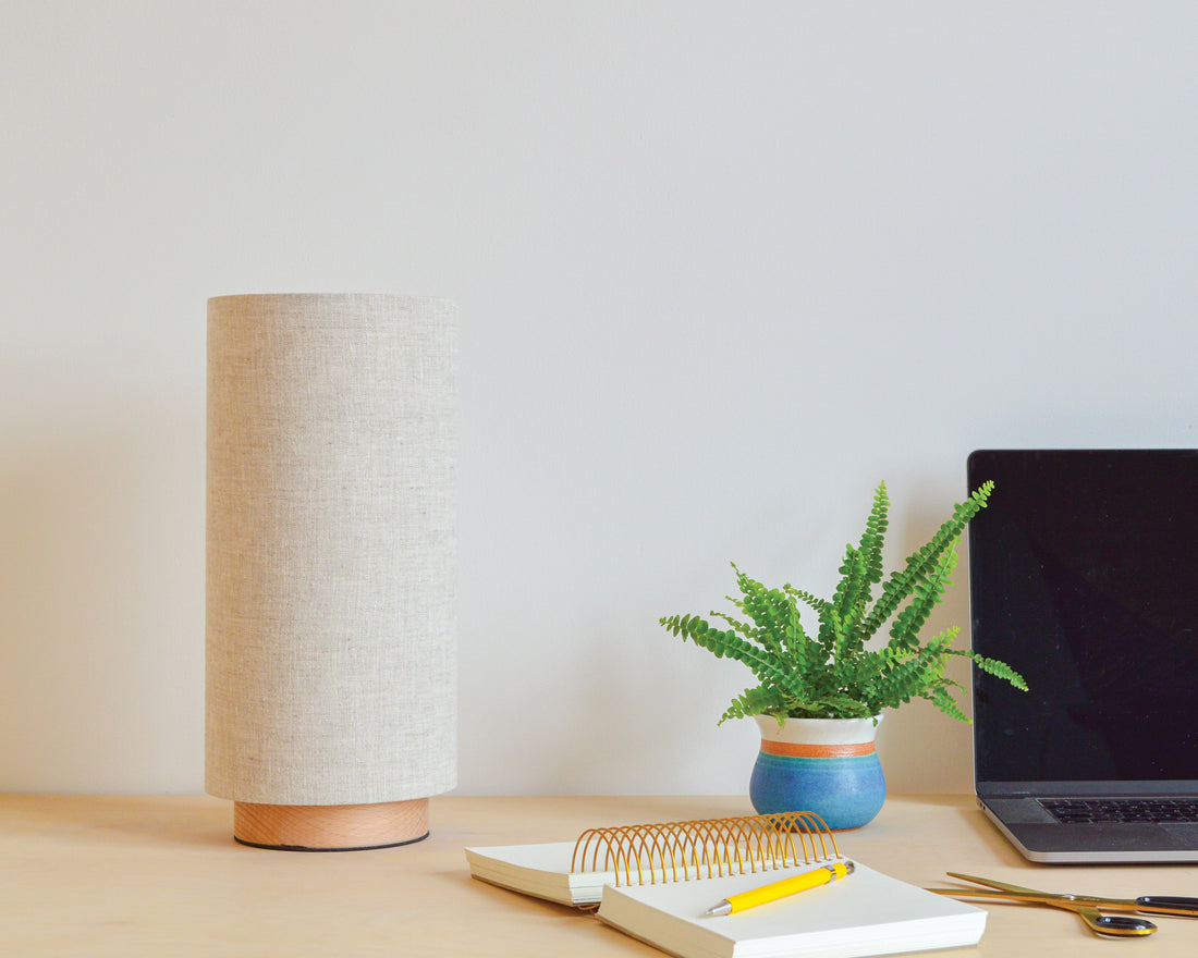 Natural linen slim table lamp, with wooden base