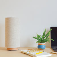 Natural linen slim table lamp, with wooden base