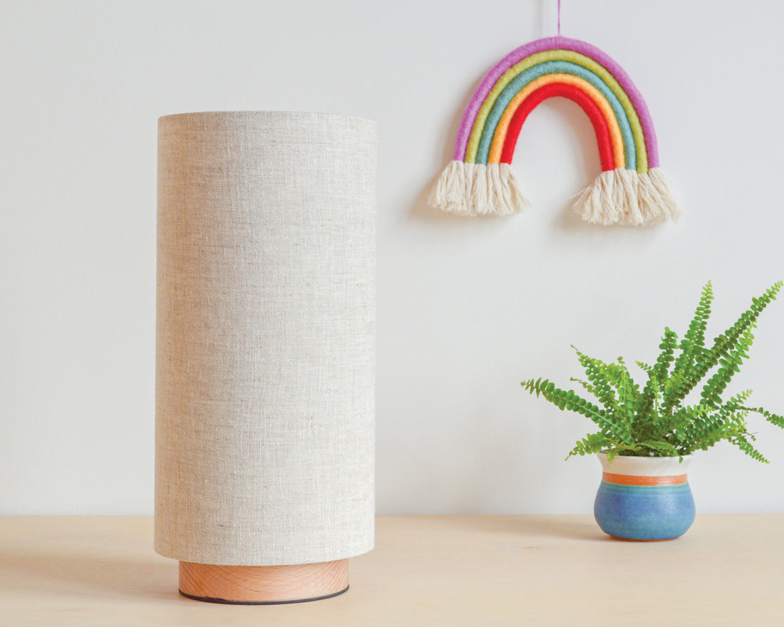 Natural linen slim table lamp, with wooden base