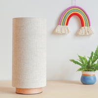 Natural linen slim table lamp, with wooden base