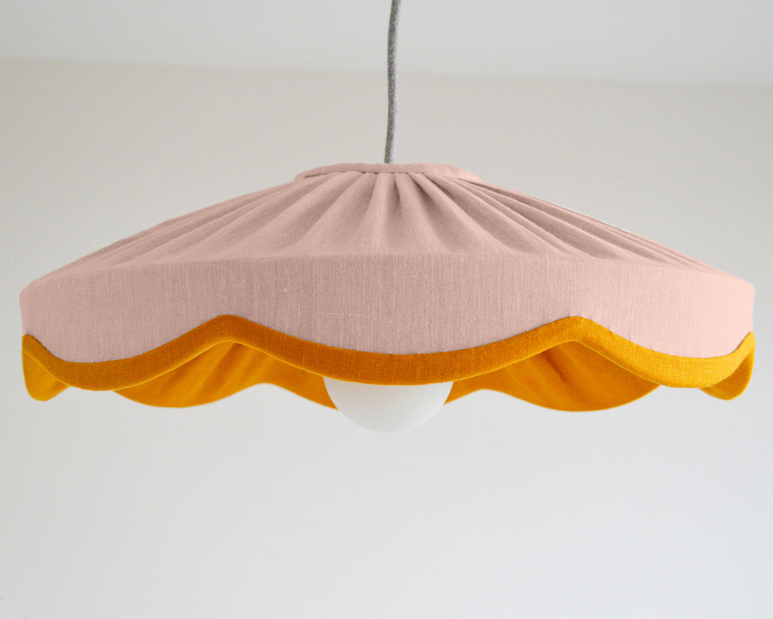 large pink and mustard pleated scallop lanpshade