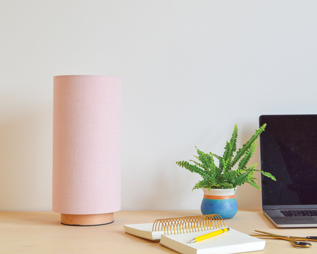 Pink linen slim table lamp, with wooden base