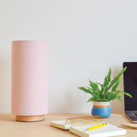 Pink linen slim table lamp, with wooden base