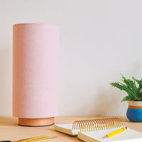 Pink linen slim table lamp, with wooden base