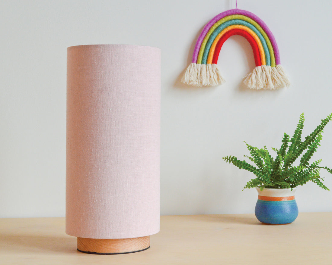 Pink linen slim table lamp, with wooden base