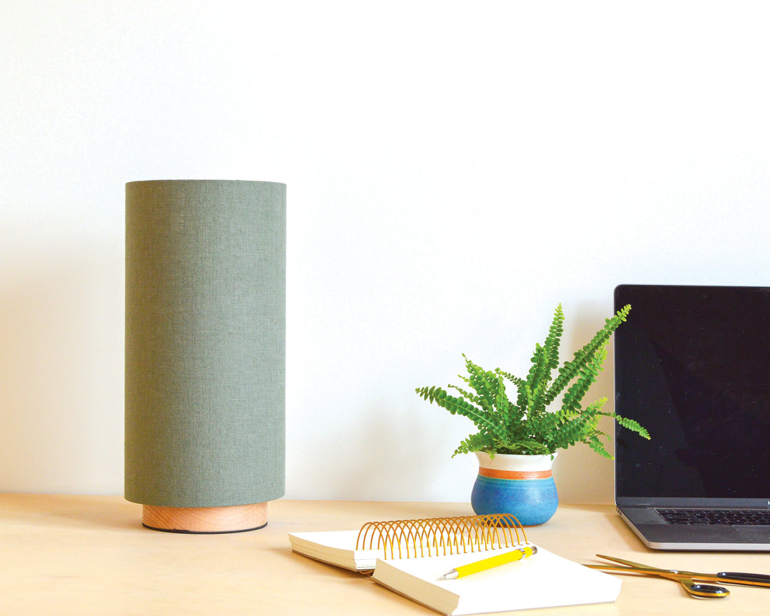 Sage green linen slim table lamp, with wooden base