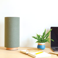 Sage green linen slim table lamp, with wooden base