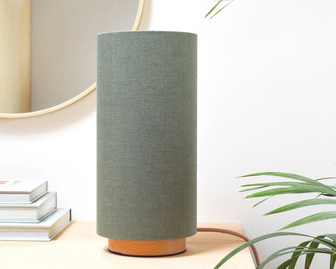 Sage green linen slim table lamp, with wooden base