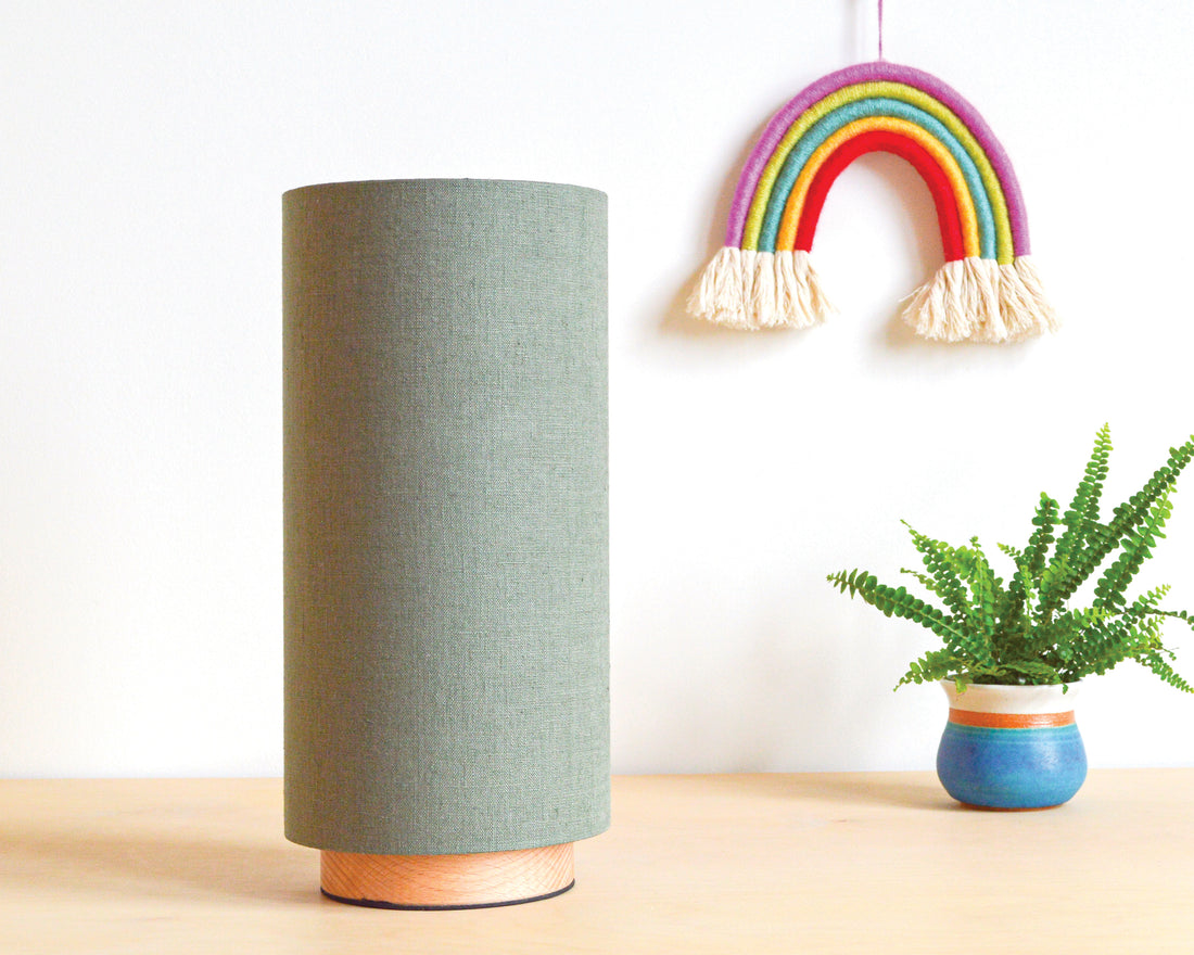 Sage green linen slim table lamp, with wooden base