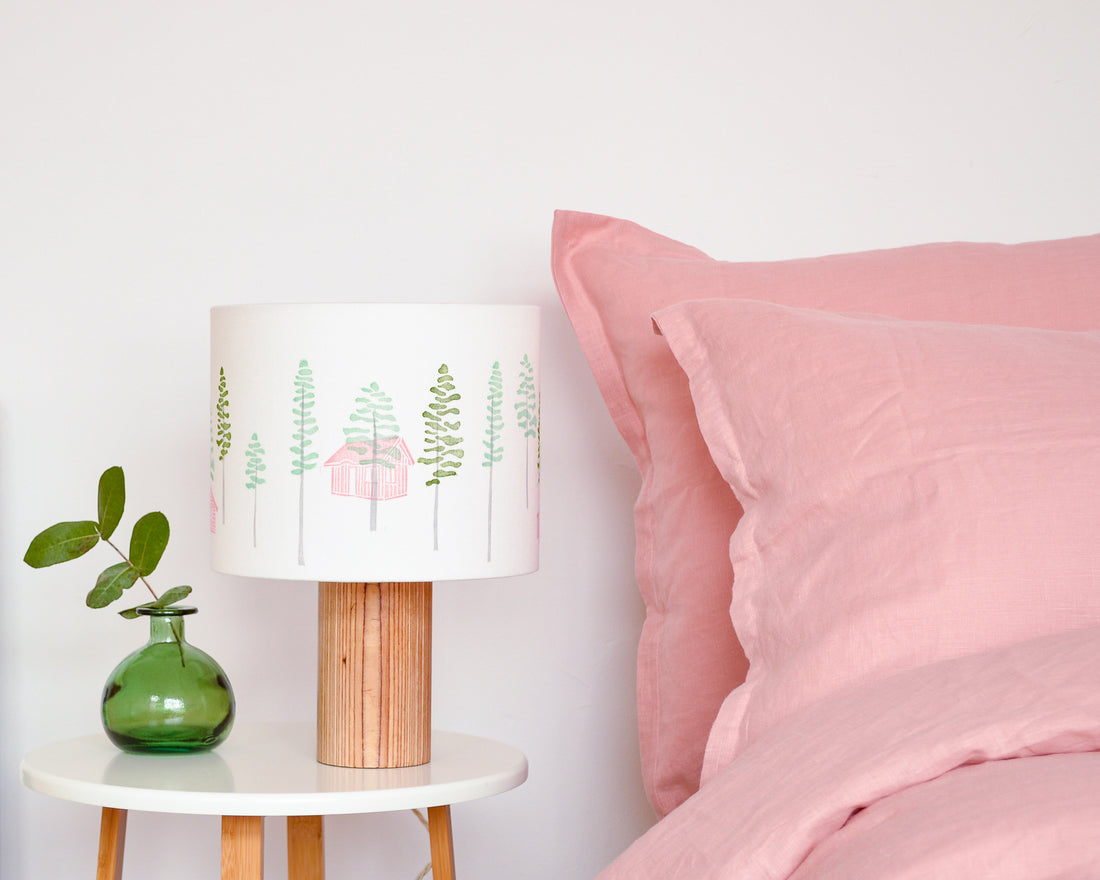 Green Trees And Cabin Drum Table Lampshade