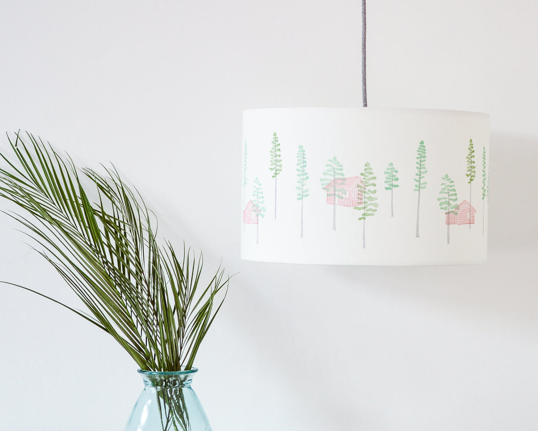 Green Trees And Cabin Drum Ceiling Lampshade