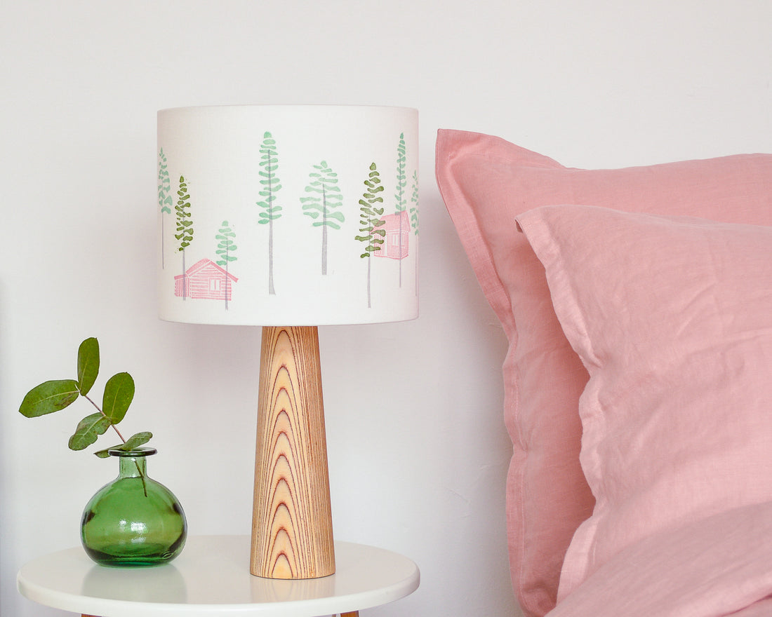 Green Trees And Cabin Drum Table Lampshade