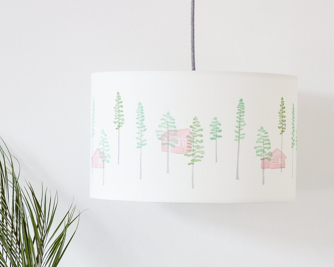 Green Trees And Cabin Drum Ceiling Lampshade