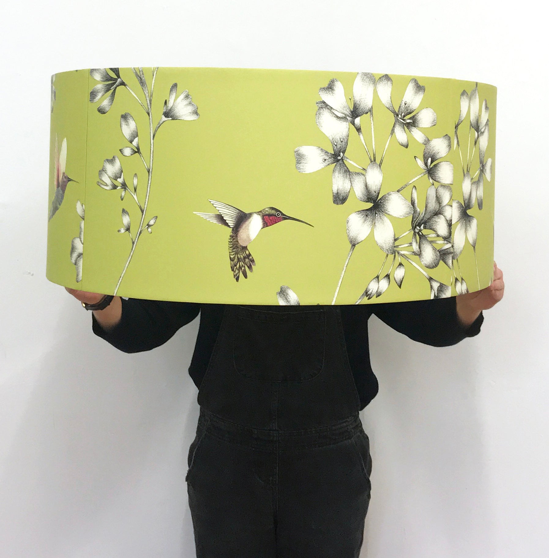 Large bespoke lampshade made from wallpaper and gold lining
