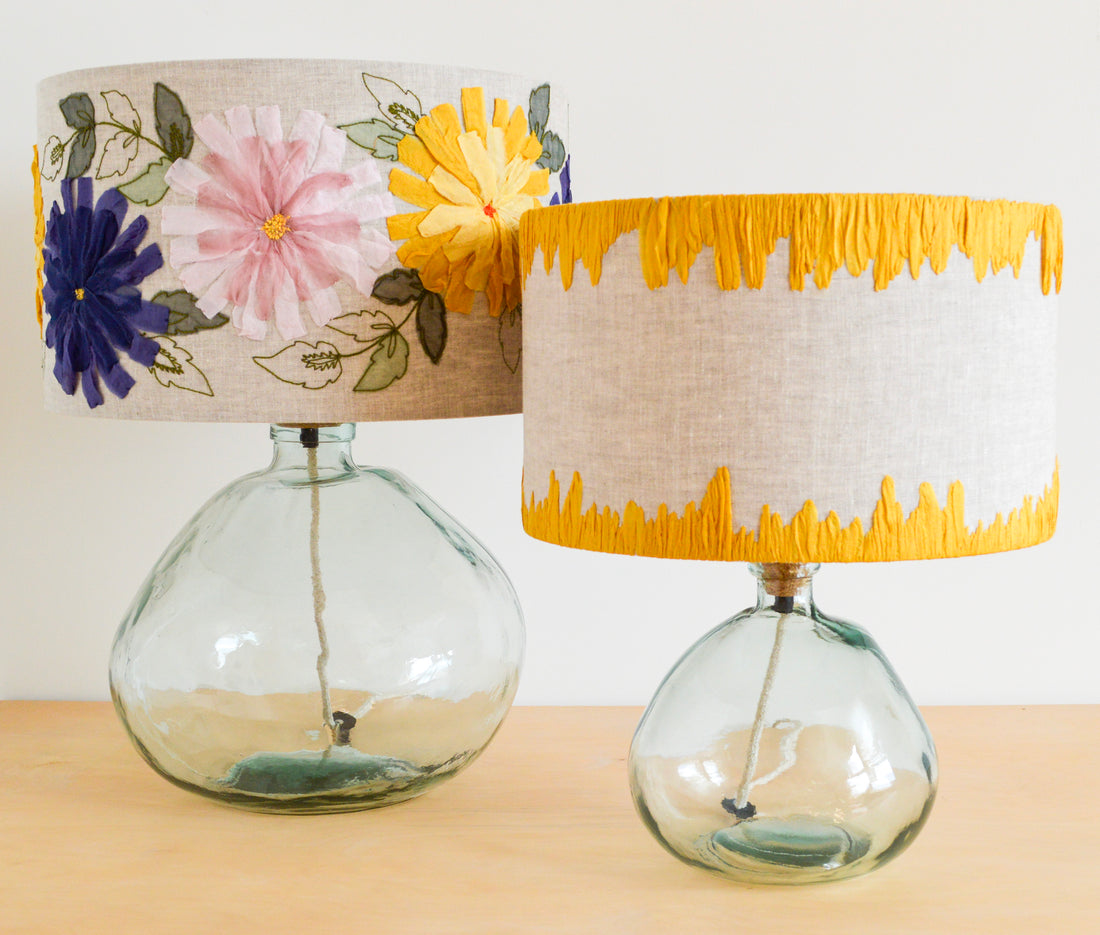 Blue floral embroidered lampshade and yellow edged embroidered lampshade