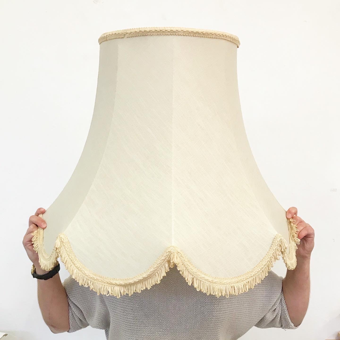 Empire bowed lampshade after I recovered it in natural linen