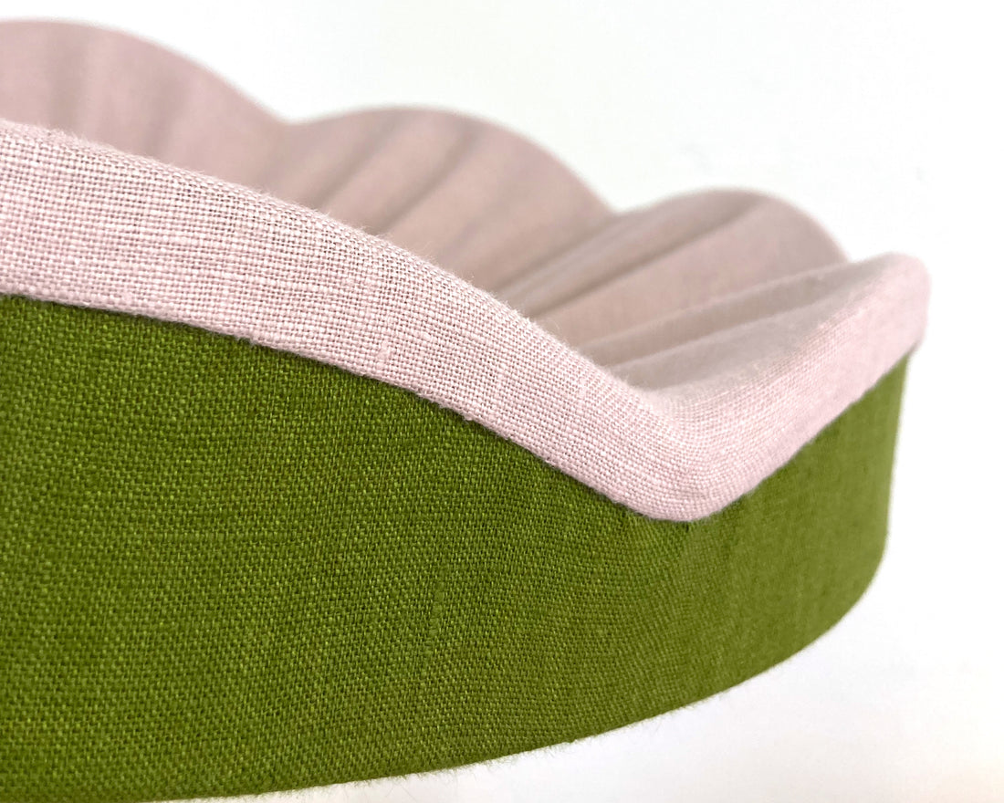 Close up of scallop detail of our green and pink scallop pleated lampshade