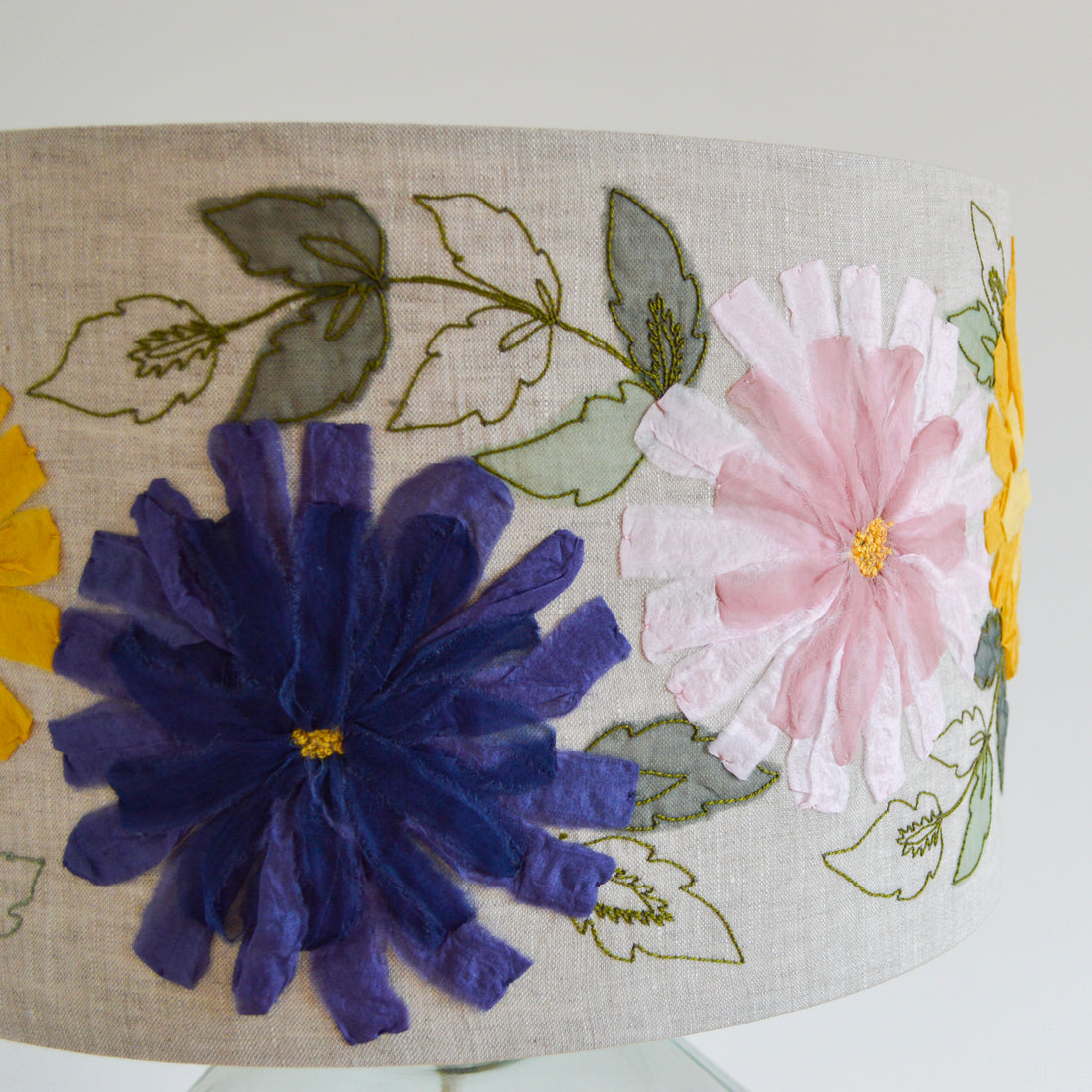 Detail of the hand embroidery on our embroidered lampshades
