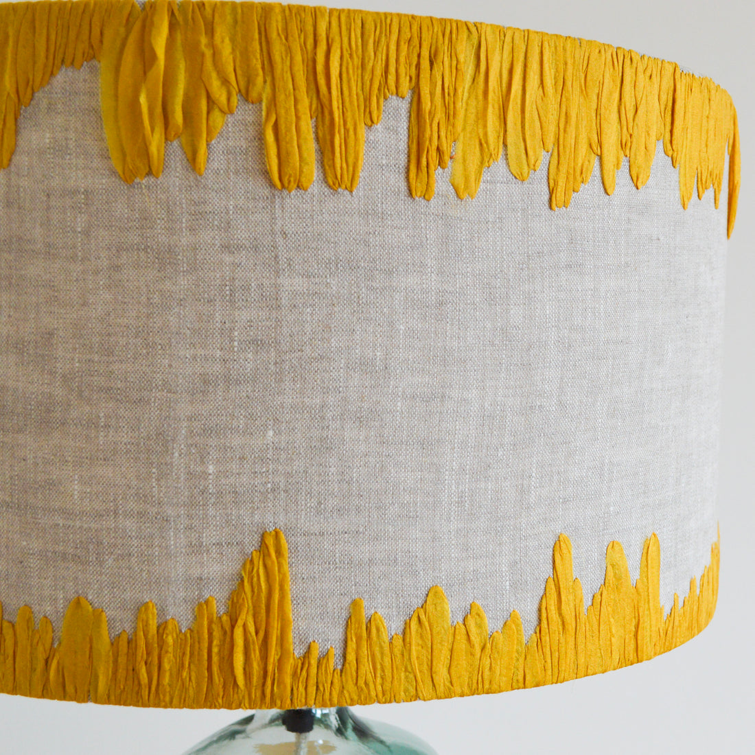 Detail of the hand embroidered yellow edge linen lampshade