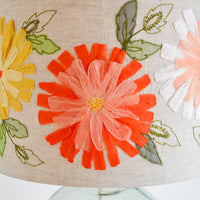 Detail of the pink hand embroidered flower that features on our linen lampshade