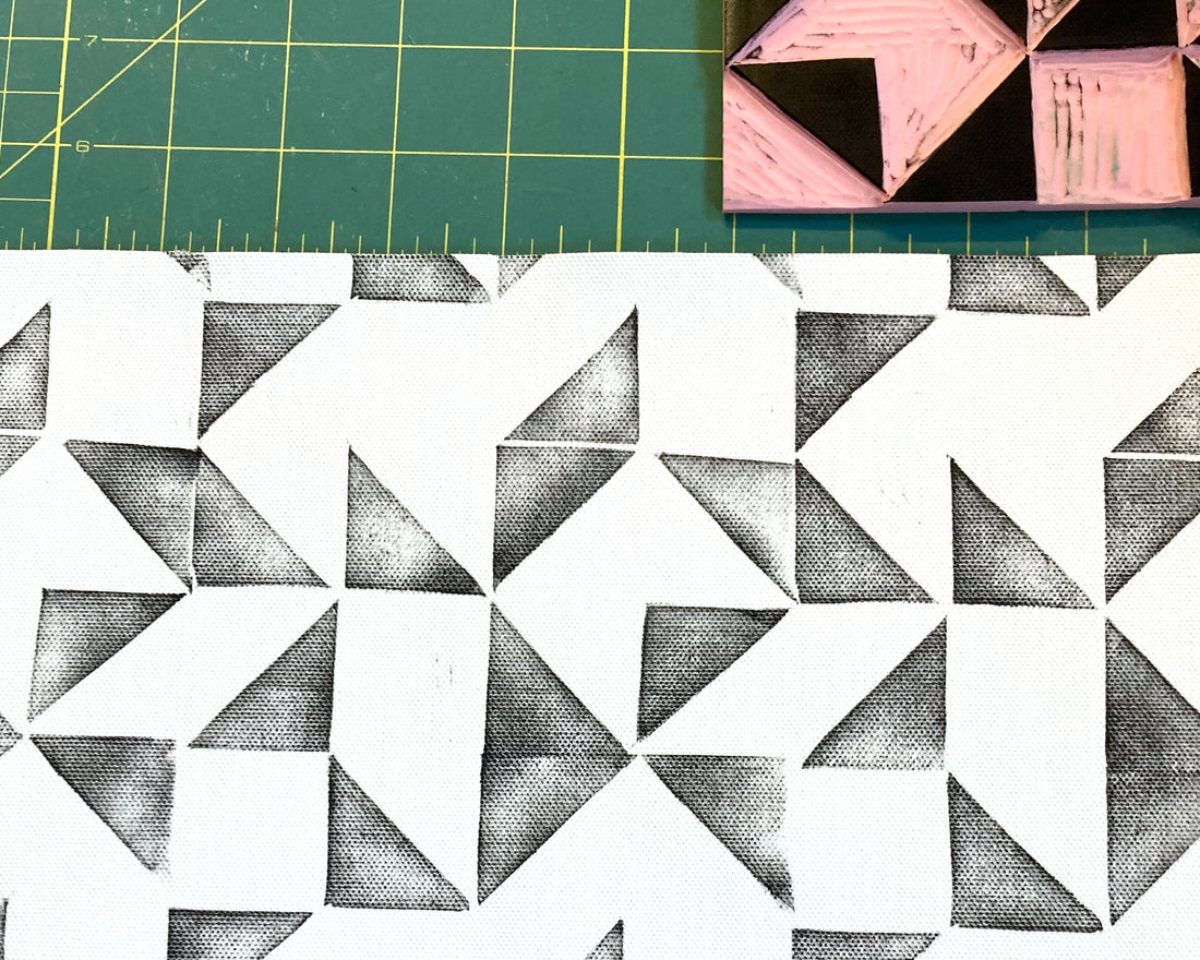 Geometric fabric printed during lino print workshop starling studio