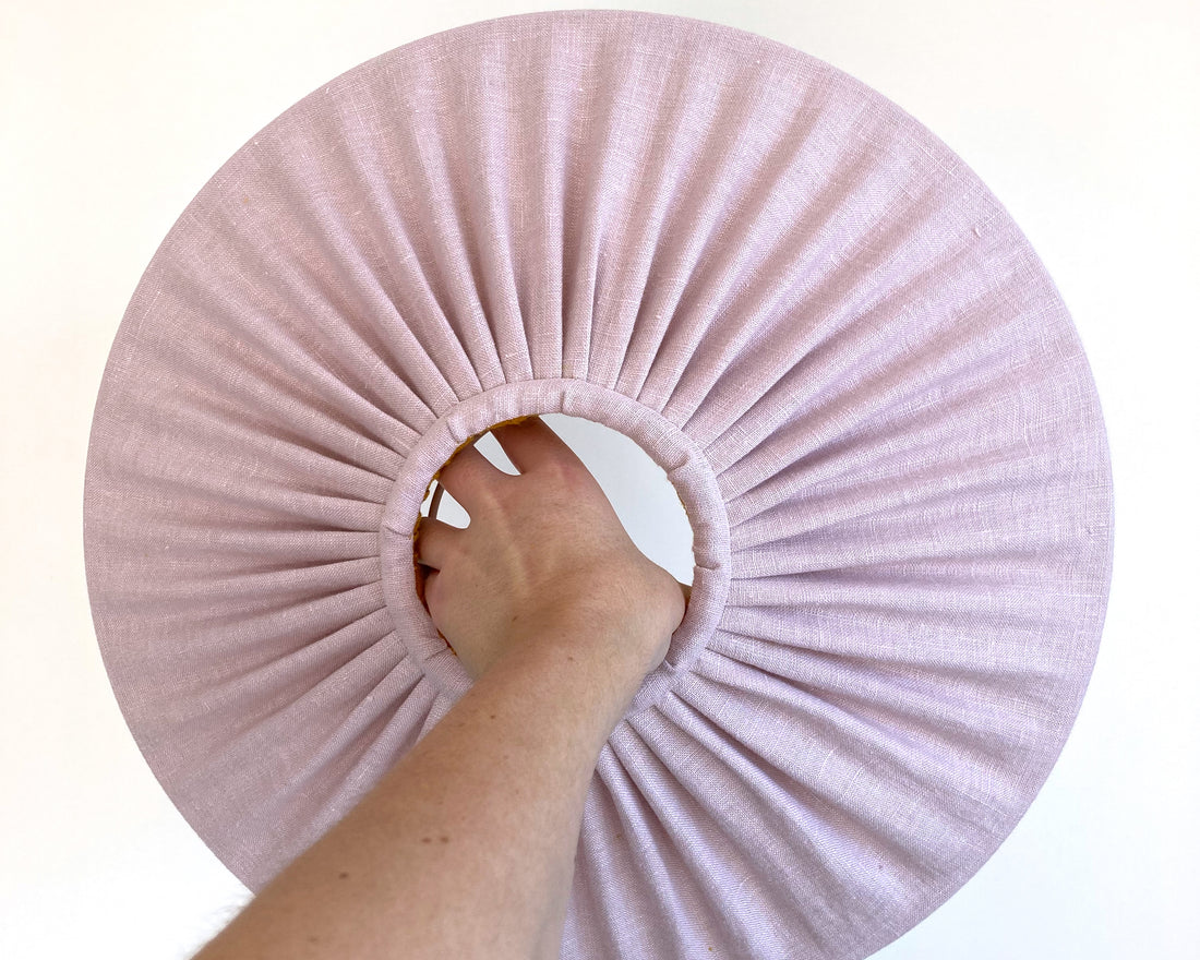Hand pleating detail on our pink scallop linen lampshade