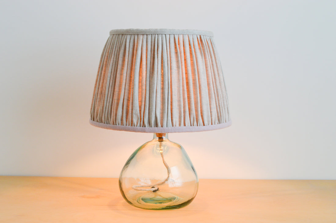 Handmade gathered french drum lampshade in natural linen and pink accent