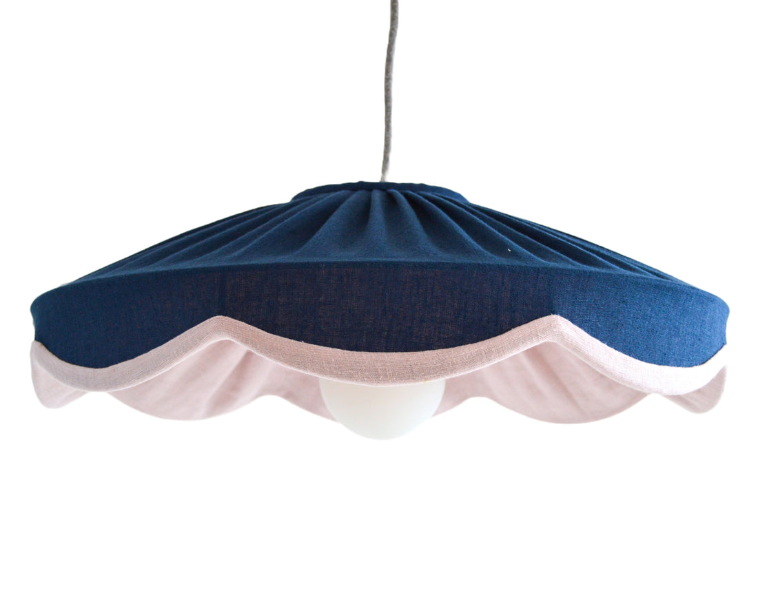 Large statement navy and pink linen scallop lampshade