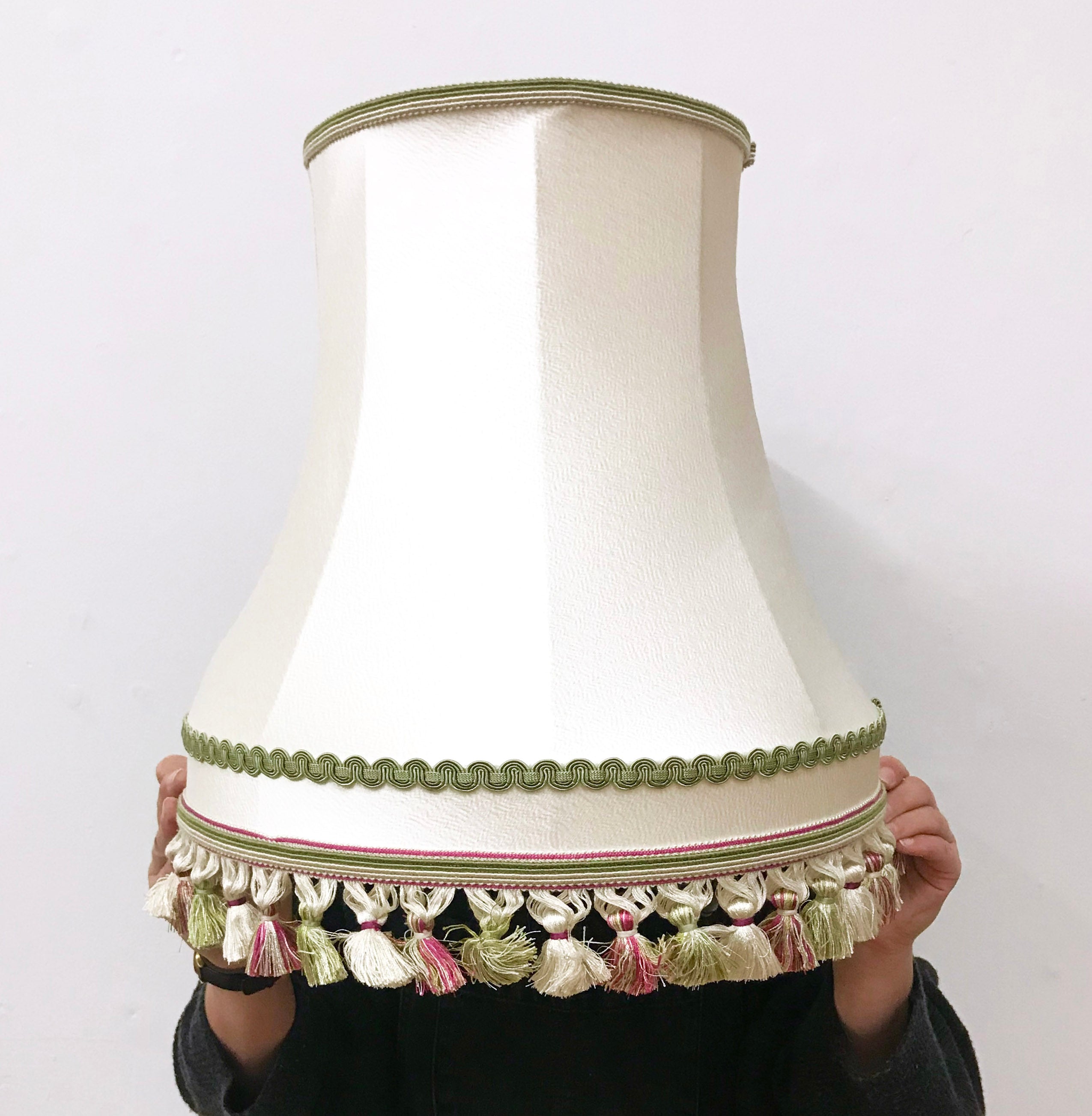 Traditional lampshade recovering in silk with trim