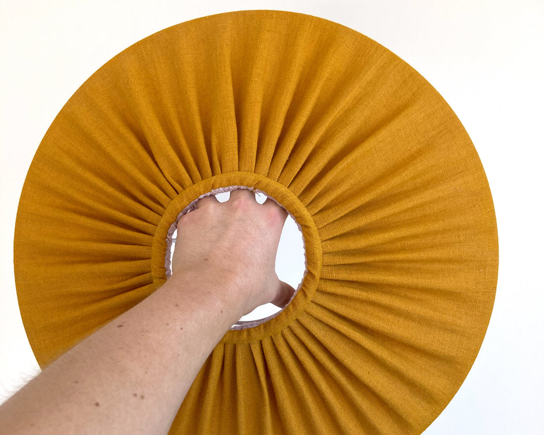 pleating detail of our mustard and pink scallop lampshade