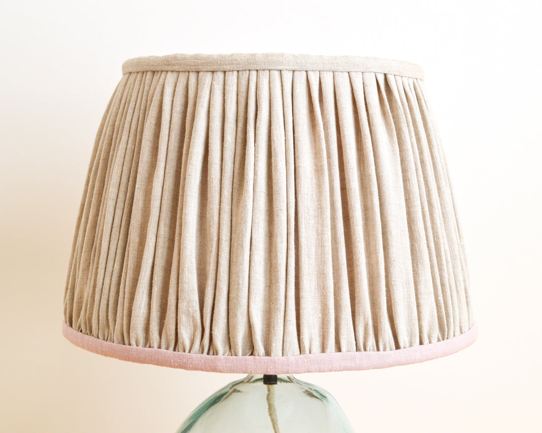 Natural linen gathered handmade lampshade in a french drum shape