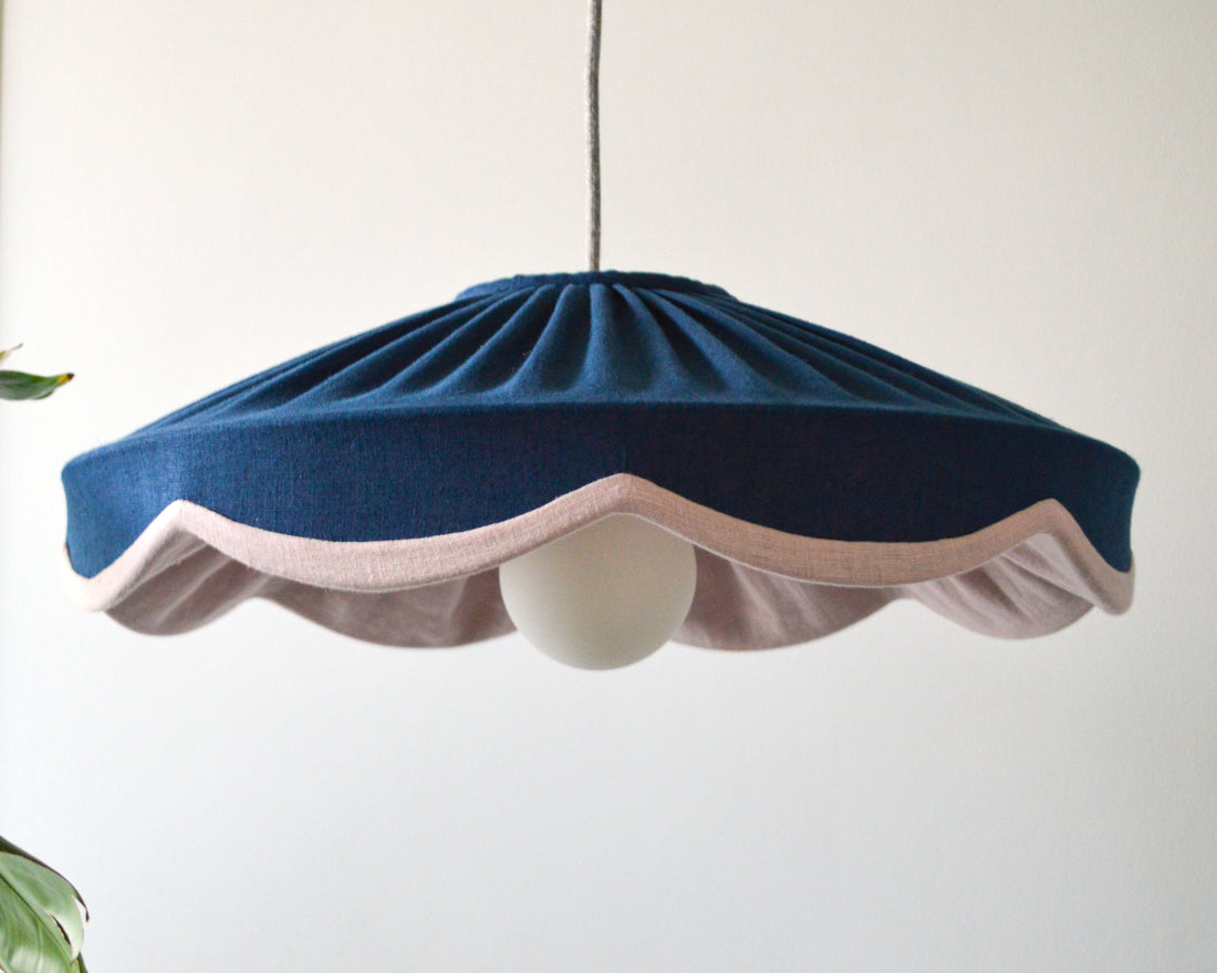 Navy and dusty pink linen scallop large lampshade