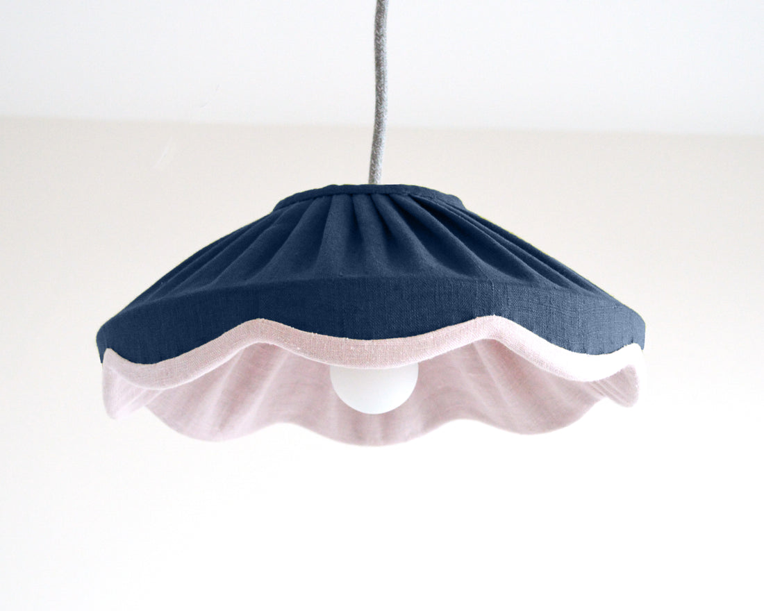 small navy and pink linen scallop hanging lampshade