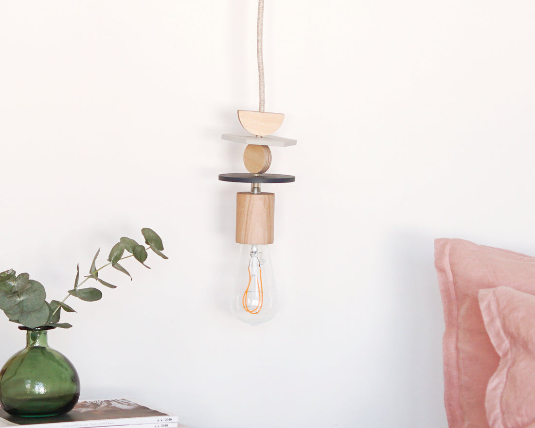 Navy And Grey Wooden Shapes Pendant Light