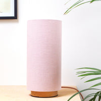 pink linen lampshade and wooden base