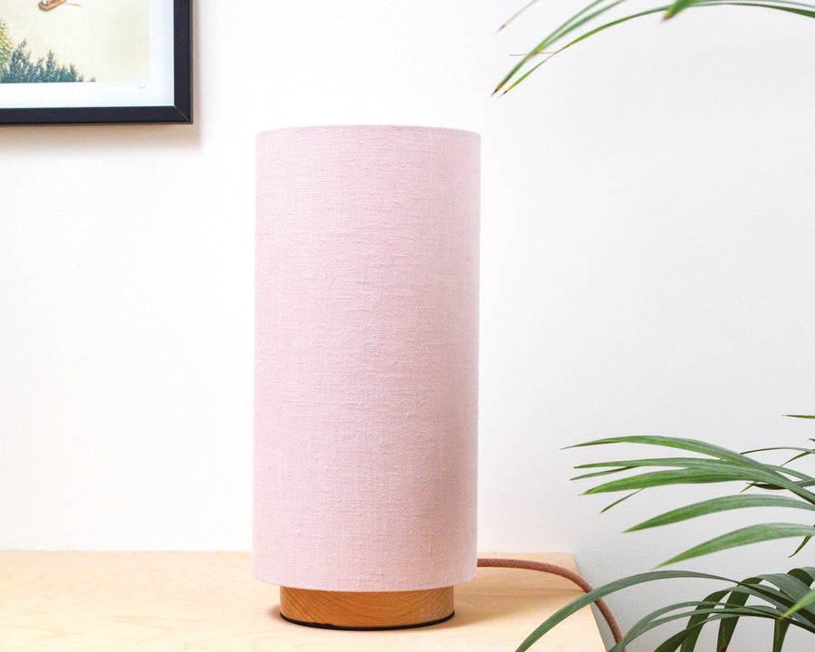 pink linen lampshade and wooden base