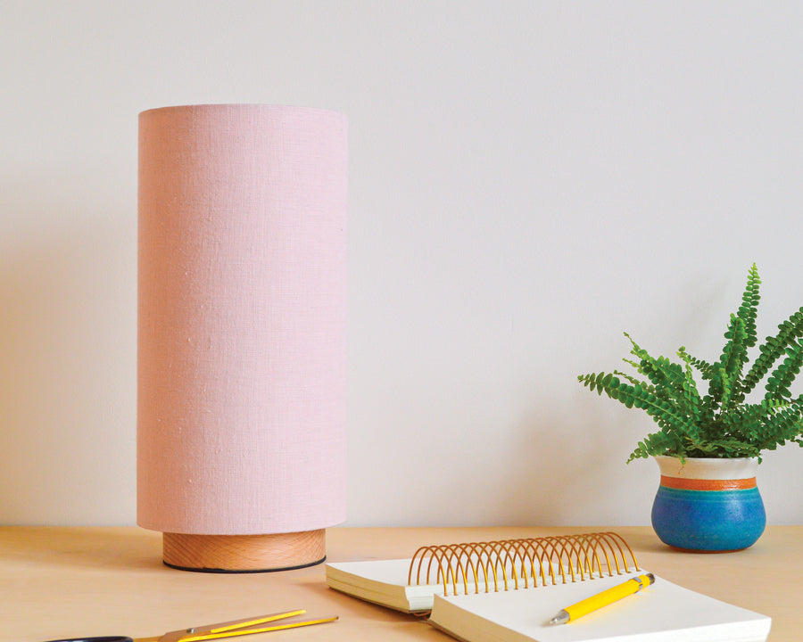 Pink linen slim table lamp, with wooden base