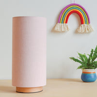 Pink linen slim table lamp, with wooden base