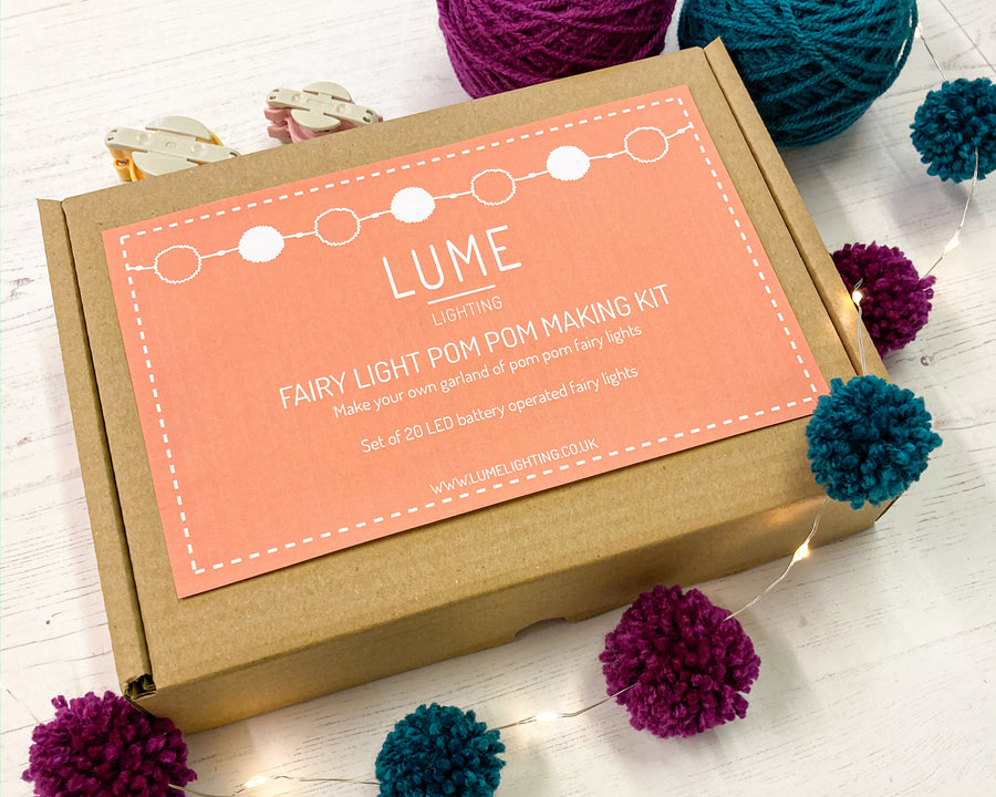 Fairy light pom pom craft kit, plum and teal