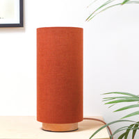Rust linen slim table lamp, with wooden base