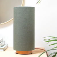 Sage green linen slim table lamp, with wooden base