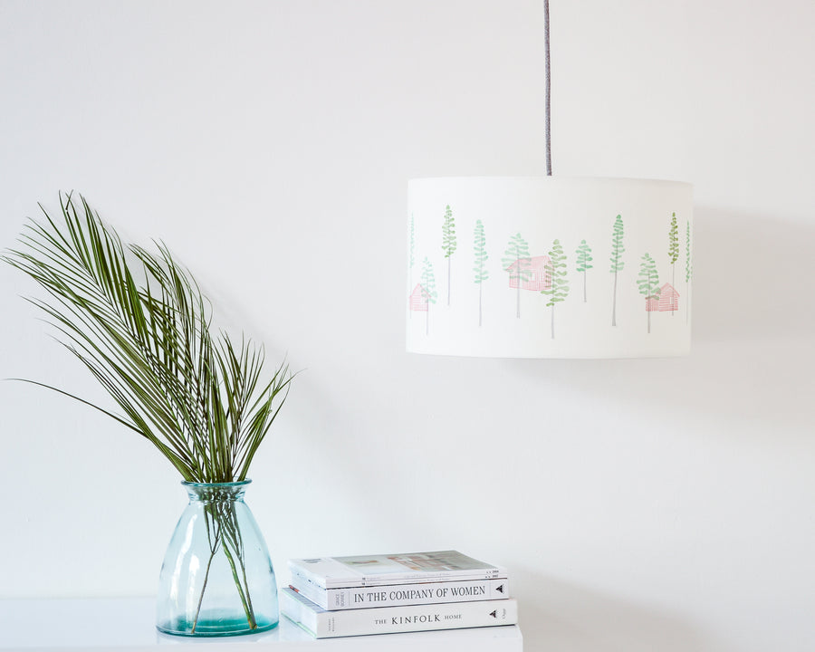 Green Trees And Cabin Drum Ceiling Lampshade