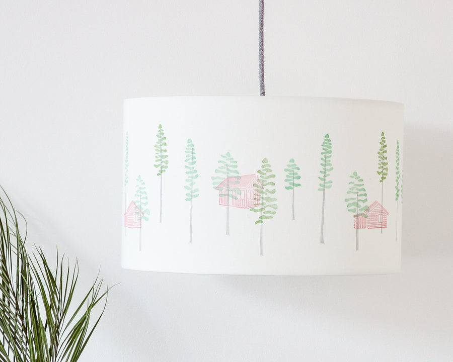 Green Trees And Cabin Drum Ceiling Lampshade